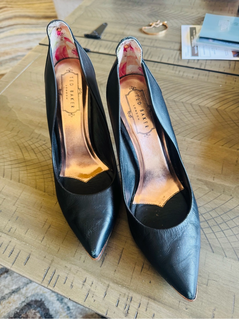 Ted Baker Black Pointed Leather Pumps with Rose Gold Insole